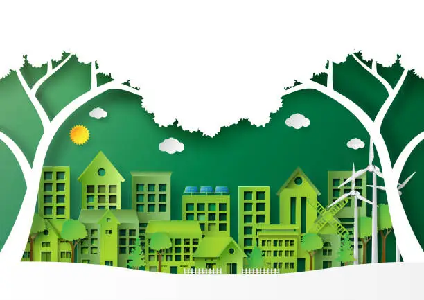 Vector illustration of Green city on landscape scene paper art background