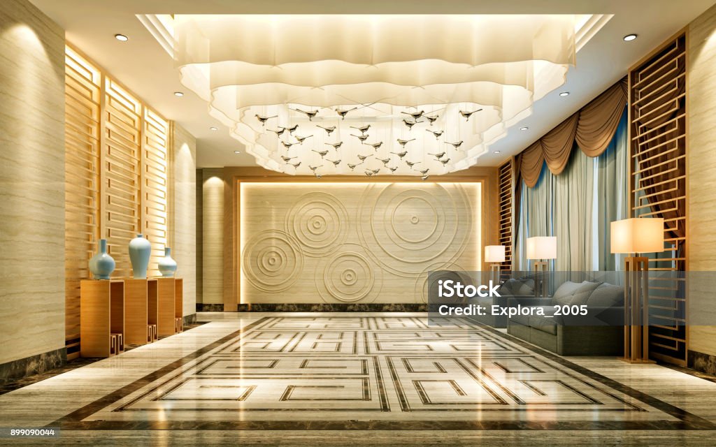 3D Render of luxury hotel entrance Lobby Stock Photo