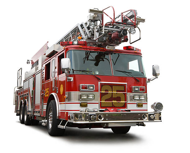 modern red fire engine truck isolated on white clipping path - brandweer stockfoto's en -beelden