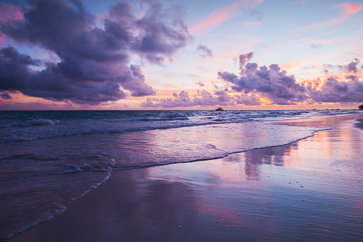 Coastal landscape in ultra violet tone. Atlantic Ocean coast, Bavaro beach, Hispaniola Island. Dominican Republic