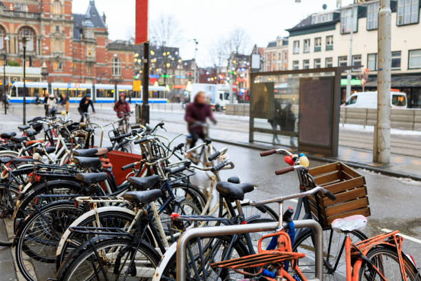 Crowded city street cyclists , Amsterdam, Netherlands