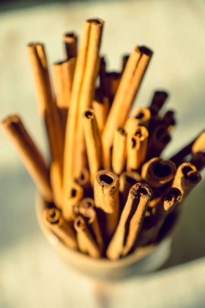 Cinnamon sticks on the rustic wooden background. Selective focus. Shallow depth of field.