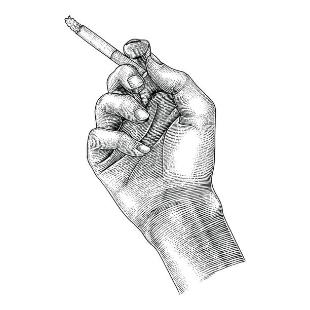 Hand holding cigarette,Smoking cigarette drawing vintage style Hand holding cigarette,Smoking cigarette drawing vintage style marijuana tattoo stock illustrations