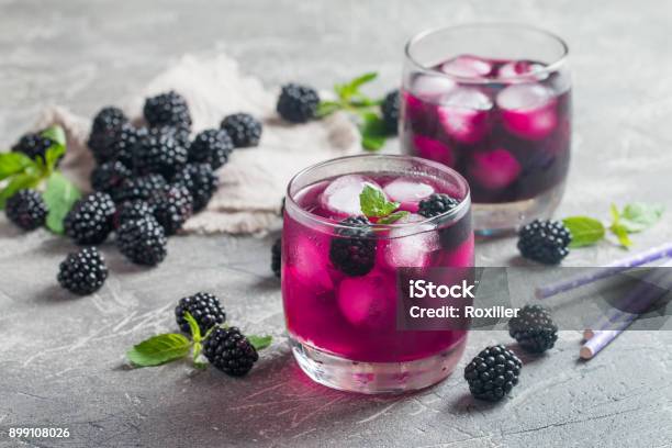 Refreshing Lemonade With Blackberry Stock Photo - Download Image Now - Drink, Purple, Blackberry - Fruit