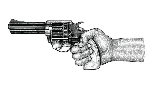 Vector illustration of Hand holding gun,Retro drawing engraving illustration