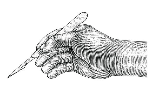 arzt-hand holding skalpell, surgical zeichnung vintage-stil auf weißem hintergrund - skalpell stock-grafiken, -clipart, -cartoons und -symbole