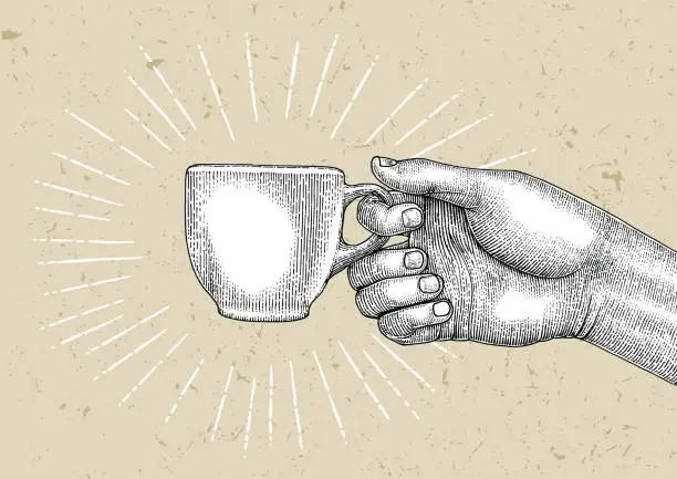 Vector illustration of Hand holding coffee mug,Illustration vintage style,Coffee logo