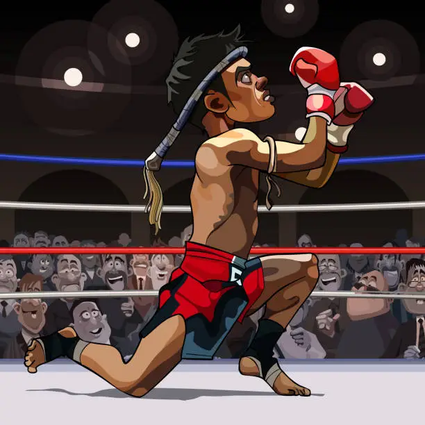 Vector illustration of cartoon man fighter muay thai in the ring