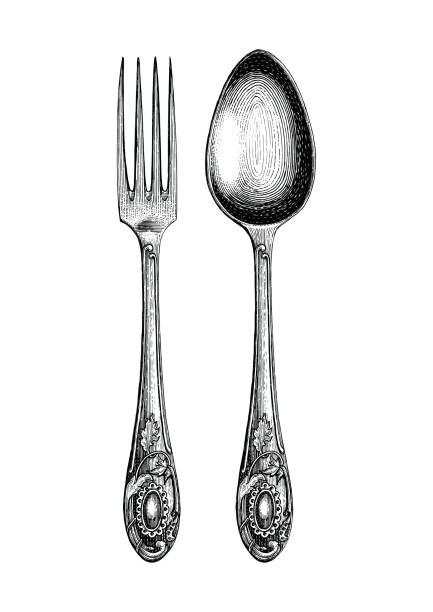 vintage löffel und gabel handzeichnung, löffel und gabel skizzieren kunst isoliert auf weißem hintergrund - eating utensil stock-grafiken, -clipart, -cartoons und -symbole