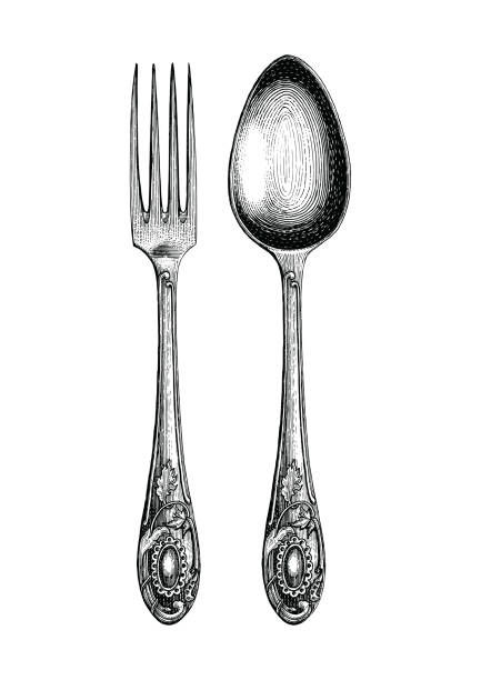 винтажная ложка и вилка ручной рисунок, ложка и вилка эскиз искусства изолировать на белом фоне - fork table knife silverware spoon stock illustrations