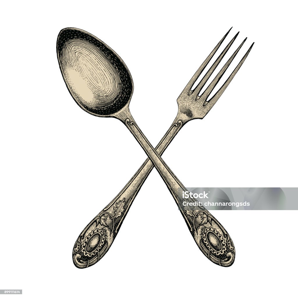 Vintage crossed spoon and fork hand drawing,Spoon and fork sketch art isolate on white background Fork stock vector