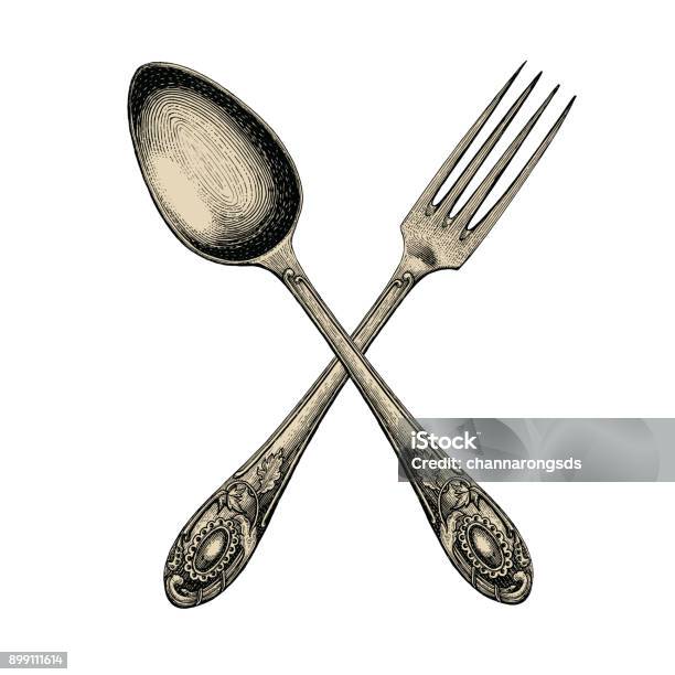 Vintage Crossed Spoon And Fork Hand Drawingspoon And Fork Sketch Art Isolate On White Background Stock Illustration - Download Image Now