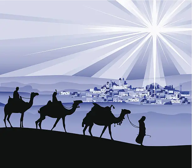 Vector illustration of Illustration of the three wise men following the star