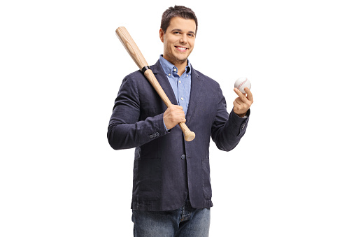 Elegant guy holding a baseball bat and a ball isolated on white background