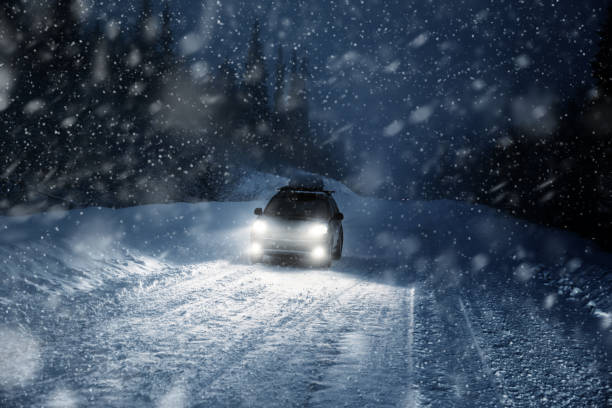 istock Car lights in winter forest 899130394