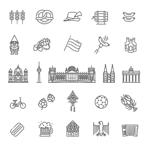 stockillustraties, clipart, cartoons en iconen met traditionele symbolen van cultuur, architectuur en keuken van duitsland - münchen