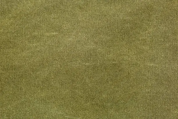 Horizontal piece of rough canvas fabric, olive colored. Vintage style unevenly painted dense textile with traces of usage.