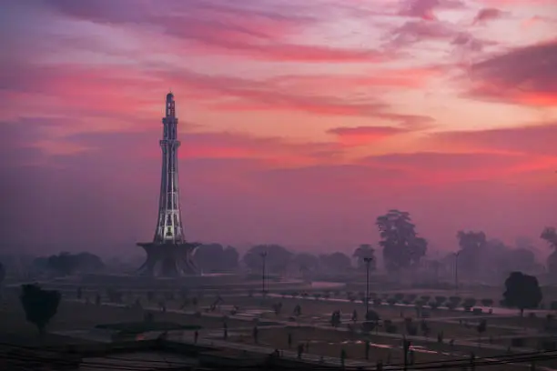 View of minar e Pakistan early in morning from Azad bridge, lahore.