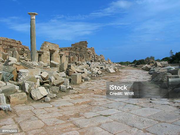 The Colonnaded Street In Leptis Magna Stock Photo - Download Image Now - Marble - Rock, Old, Paving Stone