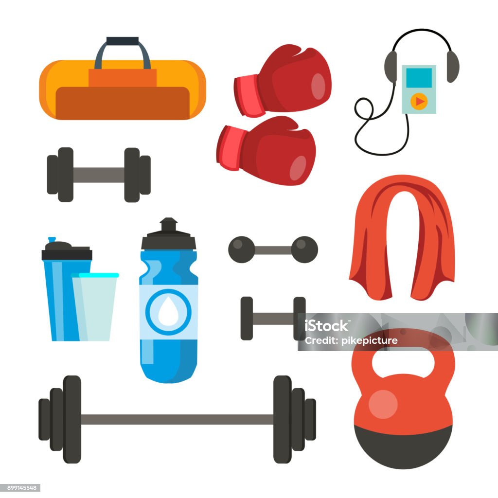 Fitness Icons Set Vector. Sport Tools Accessories. Bag, Towel, Weights, Dumbbell, Bar, Player, Boxing Gloves. Isolated Flat Cartoon Illustration Fitness Icons Set Vector. Sport Tools Accessories. Bag, Towel, Weights, Dumbbell, Bar, Player Boxing Gloves Isolated Cartoon Illustration Weights stock vector