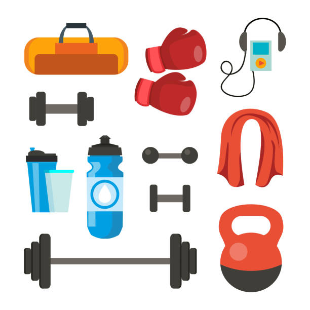 Fitness Icons Set Vector. Sport Tools Accessories. Bag, Towel, Weights, Dumbbell, Bar, Player, Boxing Gloves. Isolated Flat Cartoon Illustration Fitness Icons Set Vector. Sport Tools Accessories. Bag, Towel, Weights, Dumbbell, Bar, Player Boxing Gloves Isolated Cartoon Illustration cartoon of the physical fitness stock illustrations