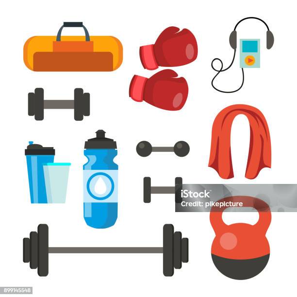 Fitness Icons Set Vector Sport Tools Accessories Bag Towel Weights Dumbbell Bar Player Boxing Gloves Isolated Flat Cartoon Illustration Stock Illustration - Download Image Now