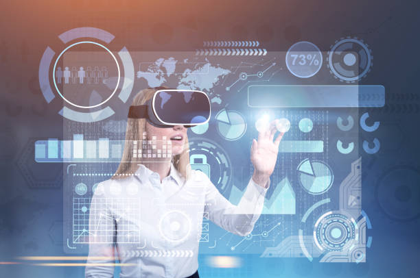 istock HUD and graphs interface, woman in VR glasses 899145972