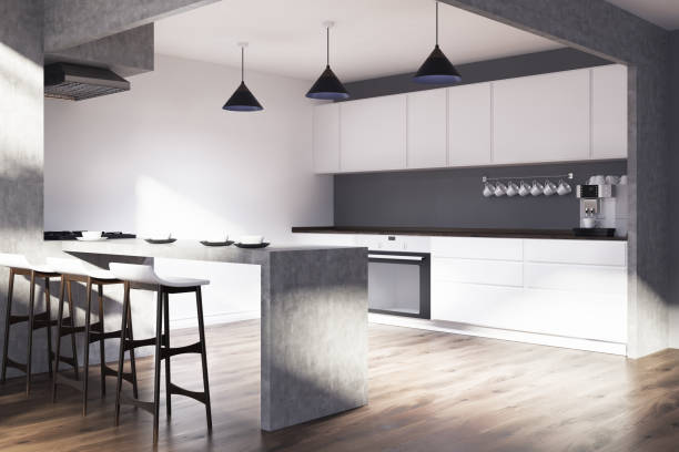 istock White and gray kitchen with a bar stand side 899146696