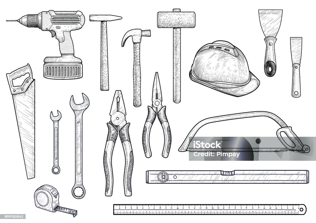 Collection, building, repair, tools illustration, drawing,   engraving, line art, vector Illustration, what made by ink, then it was digitalized. Work Tool stock vector