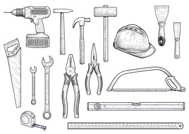 Collection, building, repair, tools illustration, drawing,   engraving, line art, vector Illustration, what made by ink, then it was digitalized. hammer wrench stock illustrations