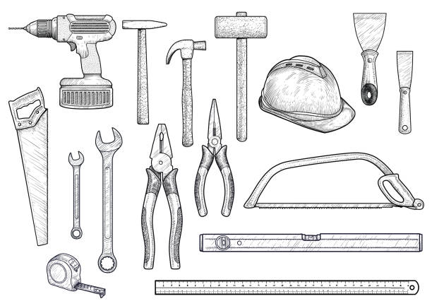 Collection, building, repair, tools illustration, drawing, engraving, line art, vector Illustration, what made by ink, then it was digitalized. drawing of hand tool stock illustrations
