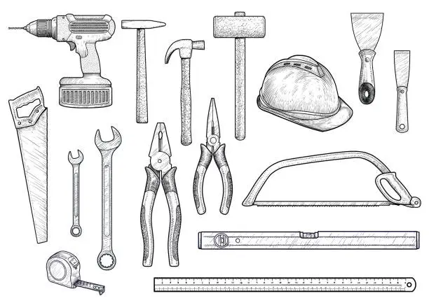 Vector illustration of Collection, building, repair, tools illustration, drawing,   engraving, line art, vector