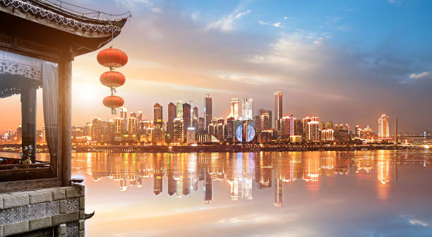 Classical loft and modern city skyline in China Chongqing