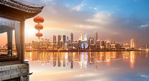 Classical loft and modern city skyline in China Chongqing