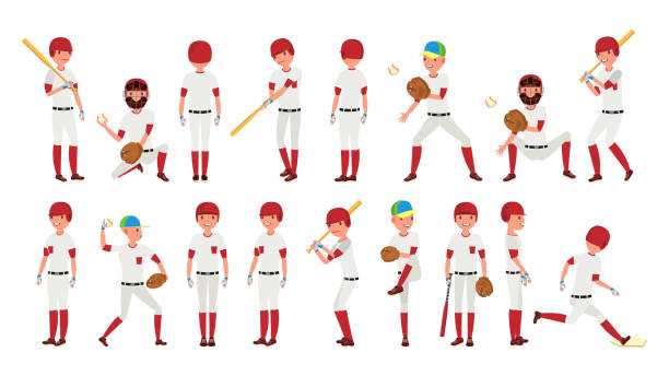 Professional Baseball Player Vector. Powerful Hitter. Dynamic Action On The Stadium. Isolated On White Cartoon Character Illustration Sport Baseball Player Vector. Classic Uniform. Player Pitching On Field. Dynamic Action On The Stadium. Cartoon Character Illustration softball homerun stock illustrations