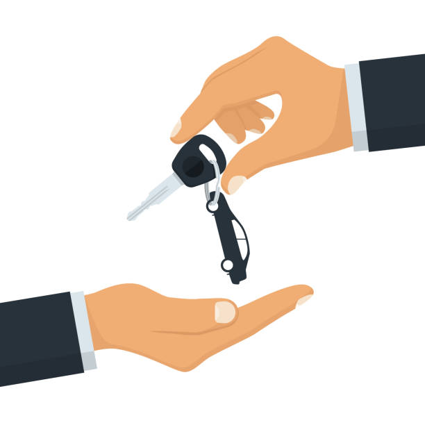 Key car in hand. Give, take car key. Key car in hand. Give, take car key. Buy, rent vehicle. Vector illustration flat design. Isolated on white background. Template purchase buy rental sale vehicle. car sales stock illustrations