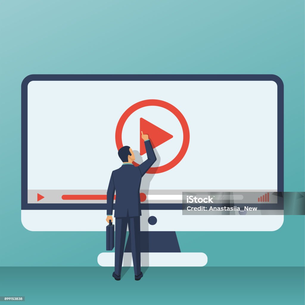 Video tutorial concept Video tutorial concept. Businessman presses play button. Vector illustration flat design. Isolated on background. E-learning, video stream. Social media. Movie stock vector