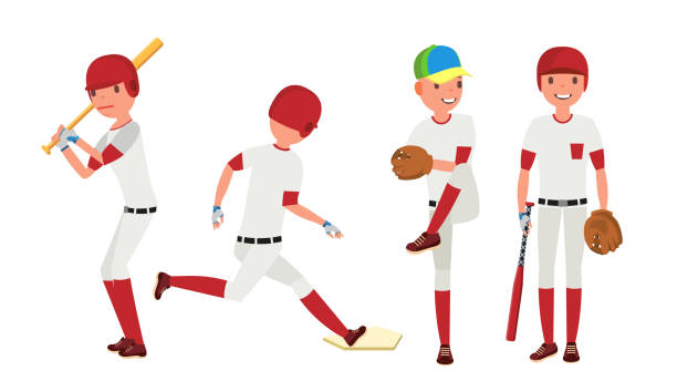 illustrazioni stock, clip art, cartoni animati e icone di tendenza di vettore giocatore di baseball. azione sportiva sullo stadio. potente battitore. illustrazione isolata del personaggio del cartone animato piatto - baseballs baseball stadium athlete