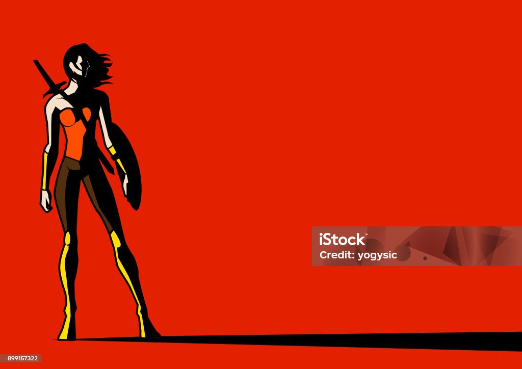 Vector Female Warrior Superhero in Shadow A vector illustration of shadowy female warrior superhero looking left. Wide space available for your copy. Females stock vector