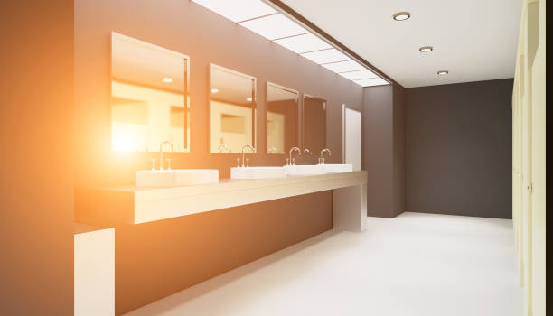 istock Public female restroom. 3D rendering. Sunset 899160858