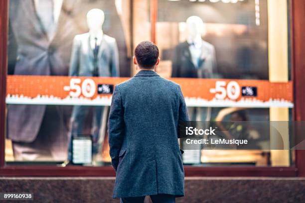 Lifstyle Sales Street Scene Stock Photo - Download Image Now - Men, Store Window, Window Shopping