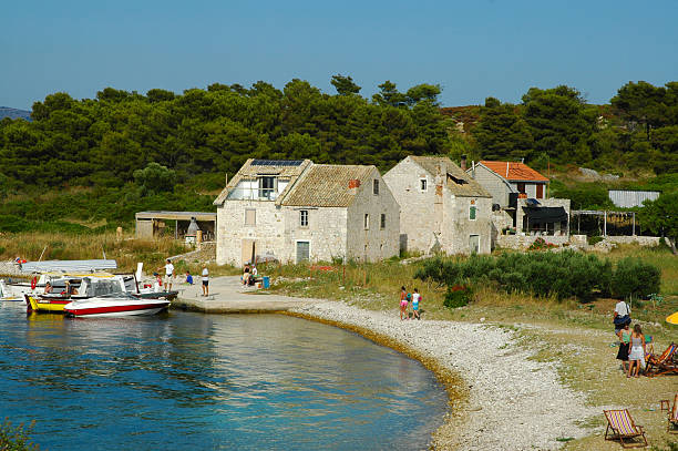 Fishing houses on an Pakleni Otoci stock photo
