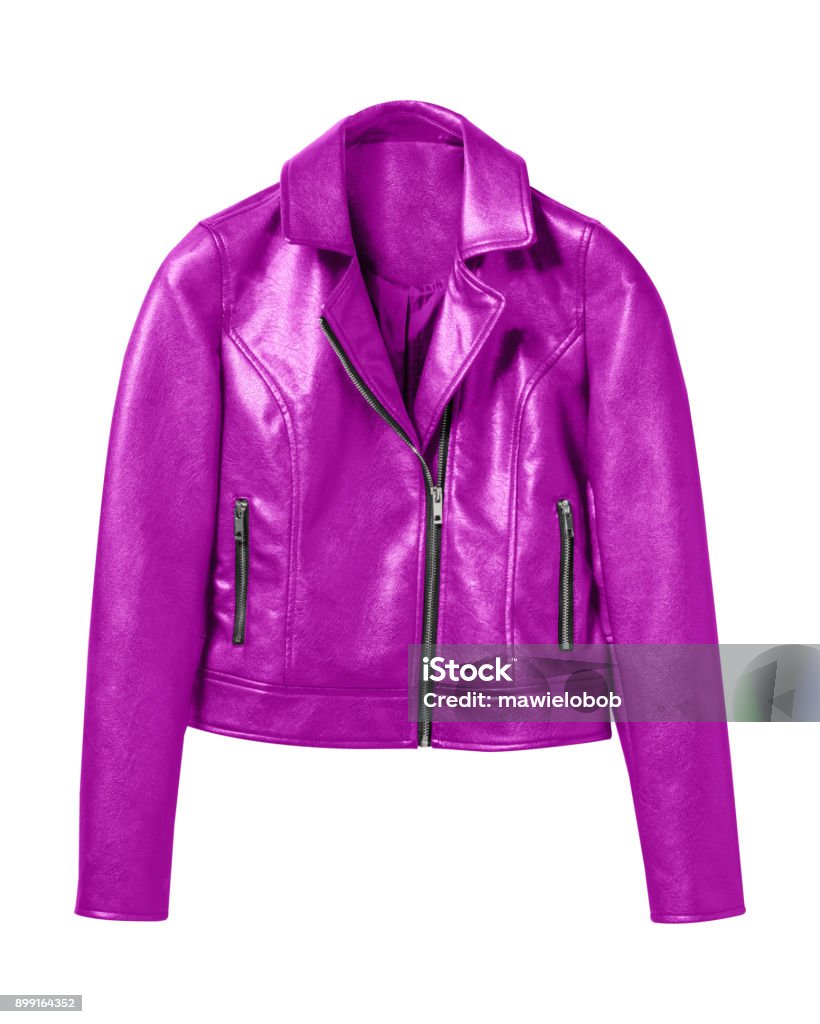 Pink woman leather jacket isolated on white Coat - Garment Stock Photo