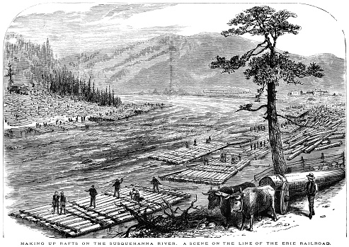 Loggers building rafts from felled trees to float them down the Susquehanna River in Pennsylvania, on the route of the Erie Railroad.