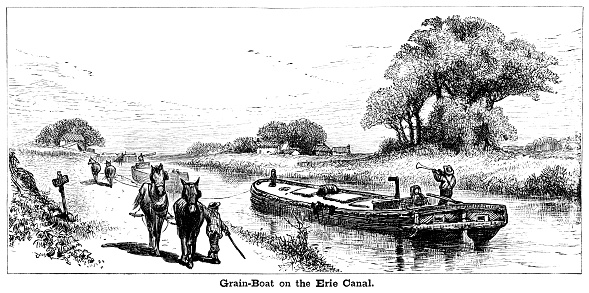 A grain boat being pulled along the Erie Canal in New York State by horses on the tow-path. A possible entanglement with a boat going in the opposite direction causes one of the crew to deliver a loud blast on a horn in warning. The horn would also be used to warn lock keepers of approaching vessels.