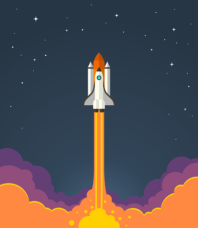 Vector illustration of starting space rocket with smoke clouds on dark night sky background.