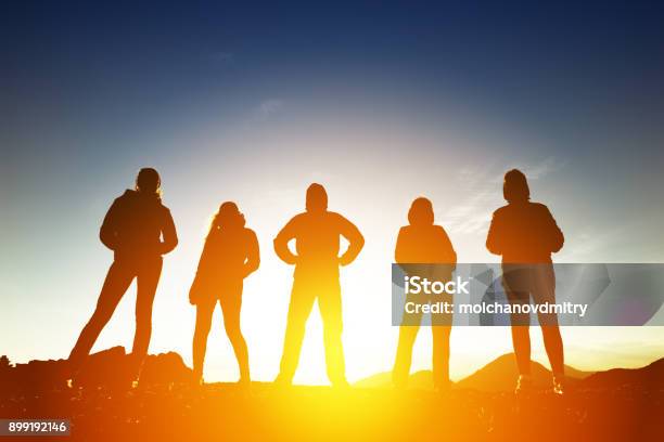 Group Of Five Peoples In Silhouettes At Sunset Stock Photo - Download Image Now - Group Of People, In Silhouette, Rear View