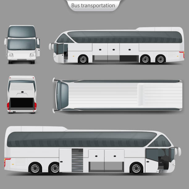 ilustraciones, imágenes clip art, dibujos animados e iconos de stock de vector realista coche bus maqueta parte posterior, vista superior - coach bus illustrations