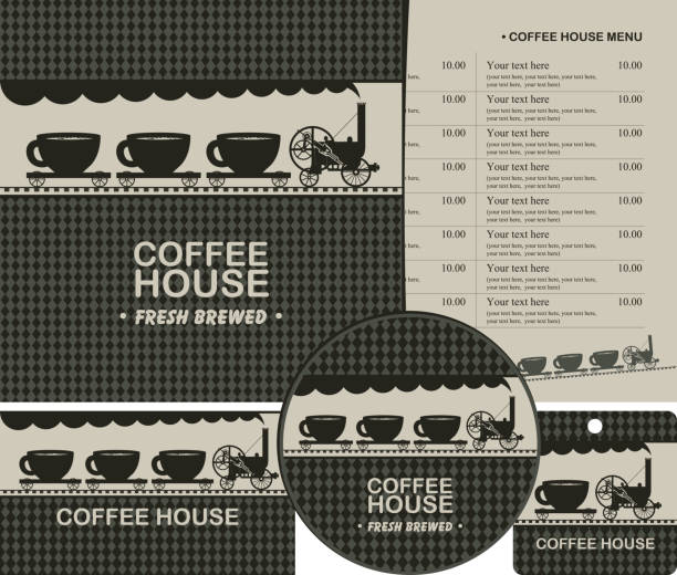 illustrations, cliparts, dessins animés et icônes de ensemble d’éléments de conception maison, café avec menu - coaster label paper old