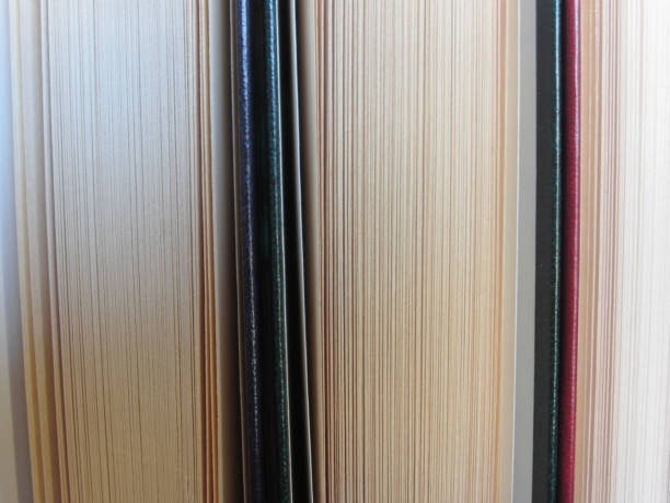 istock Closeup of second hand books standing on a wooden table . Front view 899203382